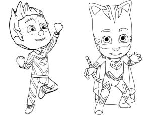 Pijamaskeliler boyama sayfası,  coloring page, Mutlu kedi çocuk pijamaskeliler giyiyor, 