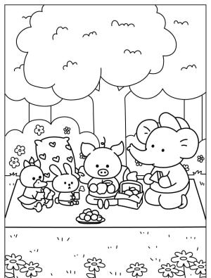 Piknik boyama sayfası,  coloring page, , Cute Animal And Spring Picnic