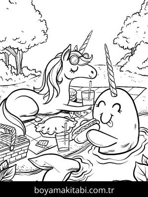 Piknik boyama sayfası,  coloring page, , Unicorn And Narwhal Having A Picnic