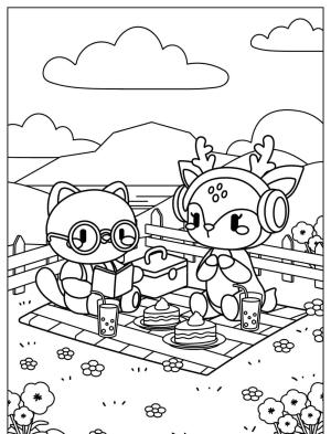 Piknik boyama sayfası,  coloring page, , Cute Animals Playing In Spring Picnic