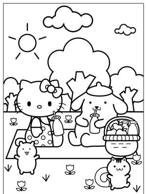 Piknik boyama sayfası,  coloring page, , Hello Kittys Spring Picnic