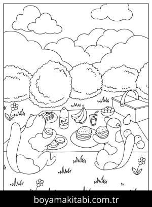 Piknik boyama sayfası,  coloring page, , Two Cats Go Picnic