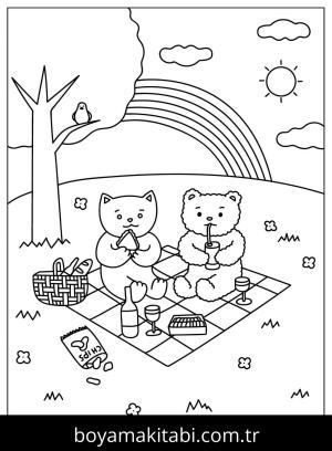 Piknik boyama sayfası,  coloring page, , Picnic Scene Of Two Bears