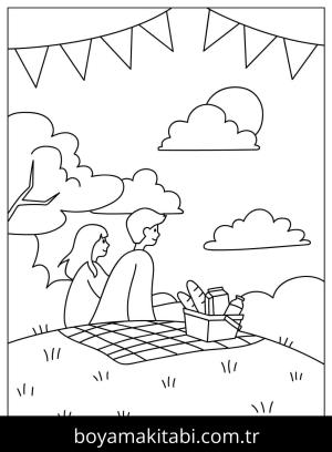 Piknik boyama sayfası,  coloring page, , Boy And Girl Picnic On The Hill