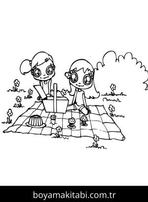 Piknik boyama sayfası,  coloring page, , Two Cute Girls Having Picnic