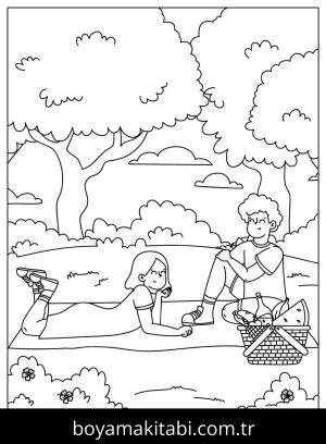 Piknik boyama sayfası,  coloring page, , Couple Going Picnic Together