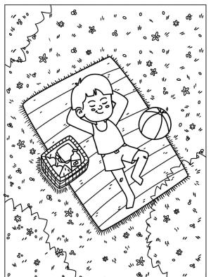 Piknik boyama sayfası,  coloring page, , Boy Relaxing In Spring Picnic Scene