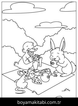 Piknik boyama sayfası,  coloring page, , Rabbit Duck And Mouse Go Picnic Together