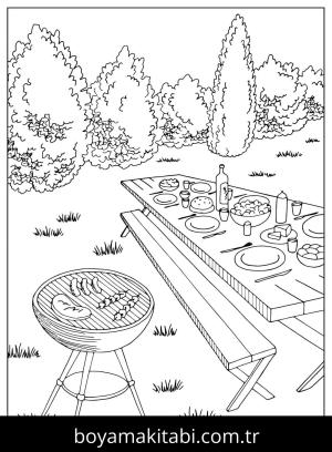 Piknik boyama sayfası,  coloring page, , Eating Barbecue Outdoors