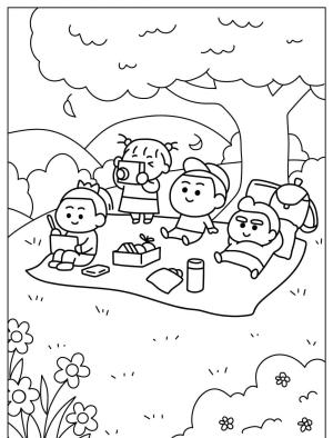 Piknik boyama sayfası,  coloring page, , Kids Playing In Spring Picnic Time