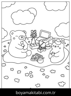Piknik boyama sayfası,  coloring page, , Two Bears Picnic On The Flower Field