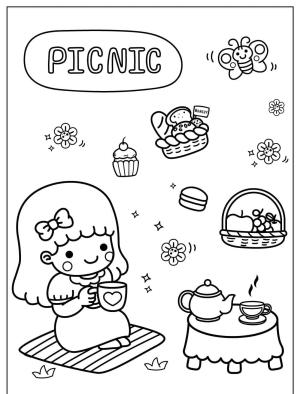 Piknik boyama sayfası,  coloring page, , Happy Spring Picnic For Girl