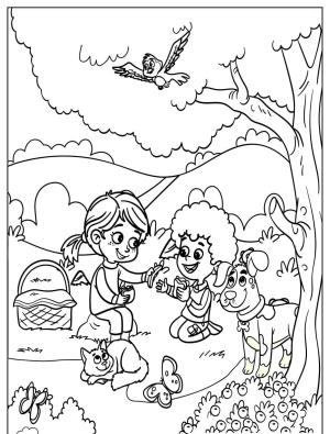 Piknik boyama sayfası,  coloring page, , Kids Playing In Spring Picnic