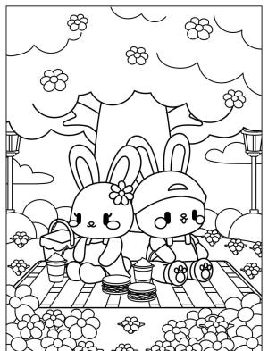 Piknik boyama sayfası,  coloring page, , Bunnies Couple In Spring Picnic Time