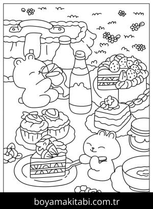 Piknik boyama sayfası,  coloring page, , Two Cute Rabbits Go On A Picnic Together