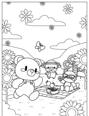 Piknik boyama sayfası,  coloring page, , Cute Cartoon Animal And Spring Picnic Time
