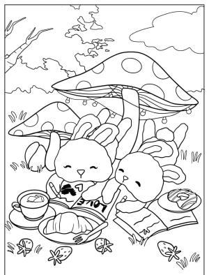 Piknik boyama sayfası,  coloring page, , Spring Picnic Of Bunnies