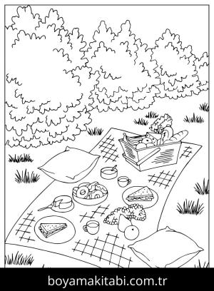 Piknik boyama sayfası,  coloring page, , Food Tea Pillows On The Tablecloth