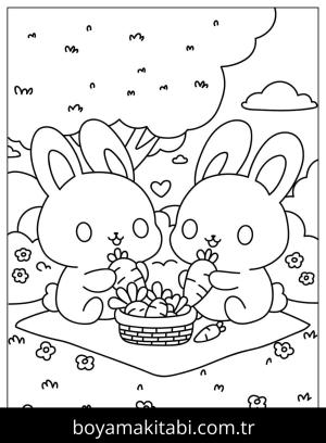 Piknik boyama sayfası,  coloring page, , Two Cute Rabbits Going On A Picnic