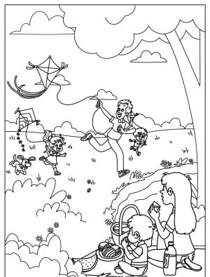 Piknik boyama sayfası,  coloring page, , Kite Flying And Spring Picnic Color Sheet