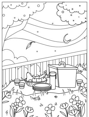 Piknik boyama sayfası,  coloring page, , Peaceful Spring Picnic Color Page