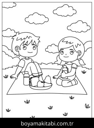 Piknik boyama sayfası,  coloring page, , Boys And Girls Go Picnic Together