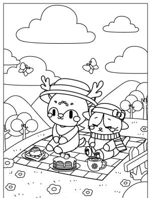Piknik boyama sayfası,  coloring page, , Happy Spring Picnic For Cute Animals