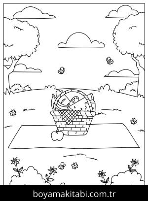 Piknik boyama sayfası,  coloring page, , Fruit Basket On Tablecloth