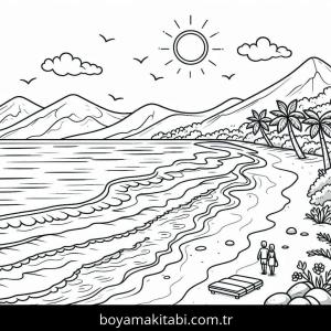 Plaj boyama sayfası – çizgi film temalı, basit çizim