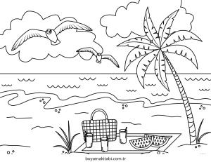 Plaj boyama sayfası – boyama etkinliği, çocuk aktivitesi