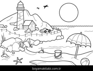 Plaj boyama sayfası – çocuk aktivitesi, PDF indir