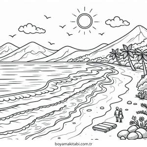 Plaj boyama sayfası – çocuk aktivitesi, PDF indir