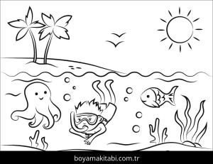 Plaj boyama sayfası – el becerilerini geliştirir, boyama çalışması