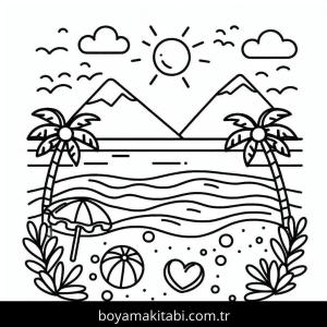 Plaj boyama sayfası – keyifli zaman, renkli çizimler