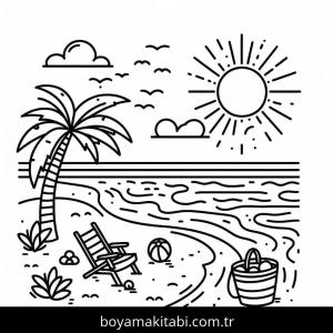 Plaj boyama sayfası – çizgi film temalı, basit çizim