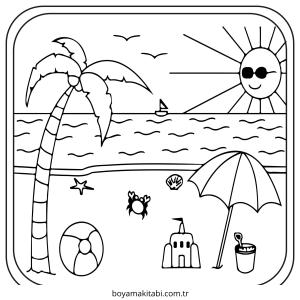 Plaj boyama sayfası – sanatsal çalışma, çocuklar için
