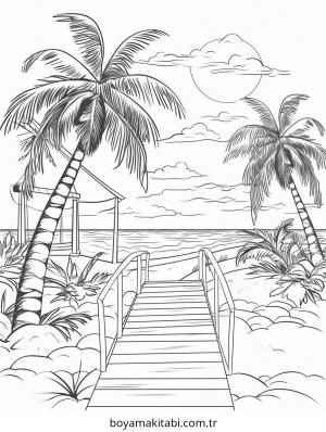 Plaj boyama sayfası – keyifli zaman, renkli çizimler