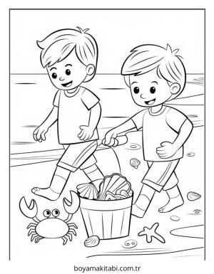 Plaj boyama sayfası – çocuk aktivitesi, PDF indir