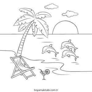 Plaj boyama sayfası – basit çizim, kolay boyama