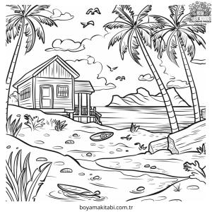 Plaj boyama sayfası – renkli çizimler, okul öncesi