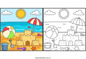 Plaj boyama sayfası – çocuk aktivitesi, PDF indir