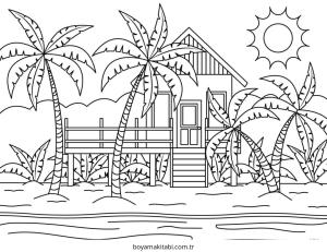 Plaj boyama sayfası – boyama etkinliği, çocuk aktivitesi