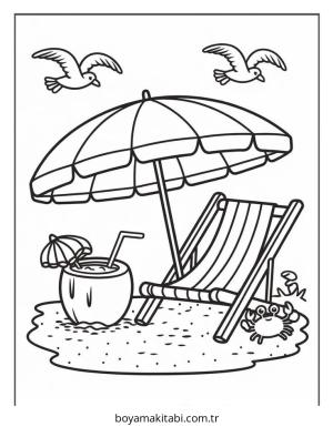 Plaj boyama sayfası – çizgi film temalı, basit çizim