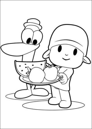 Pocoyo boyama sayfası,  coloring page, Pocoyo ve Pato bir kase Meyve Tutuyor, 