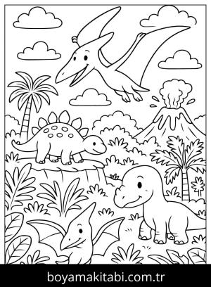 Pterodactyl Dinazor boyama sayfası,  coloring page, , Pterodactyl And Dinosaur In The Forest