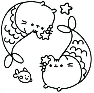 Pusheen boyama sayfası, Pusheen coloring page, İki Deniz Kızı Pusheen ve Balık, Yıldız, 