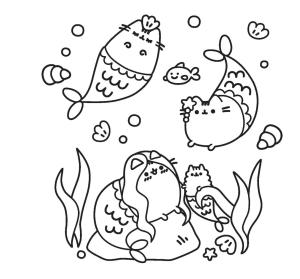 Pusheen boyama sayfası, Pusheen coloring page, Dört Deniz Kızı Pusheen, 