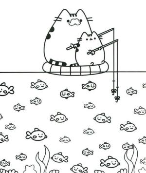 Pusheen boyama sayfası, Pusheen coloring page, İki Pusheen Balık Tutma, 