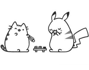 Pusheen boyama sayfası, Pusheen coloring page, Pusheen ve Pikachu Yeme, 