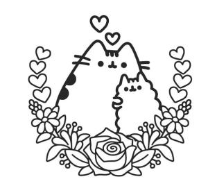 Pusheen boyama sayfası, Pusheen coloring page, Anne ve oğlu Pusheen çiçekli, 